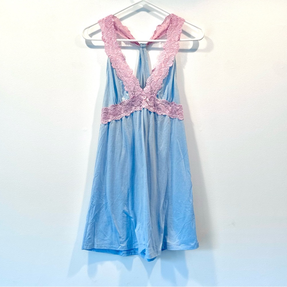 flora by Flora Nikrooz Pink Blue Babydoll Chemise with Lace Trim, Size M